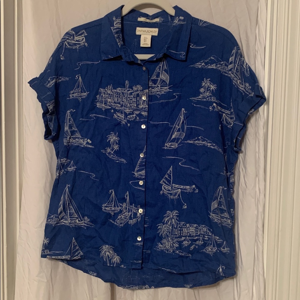 Cynthia Rowley Blue Linen Short Sleeve Button down Shirt with Collar EUC